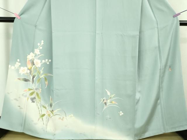 平和屋本店□極上 京加賀友禅 百貫石峰 訪問着 枝花文 秘色色地 暈し