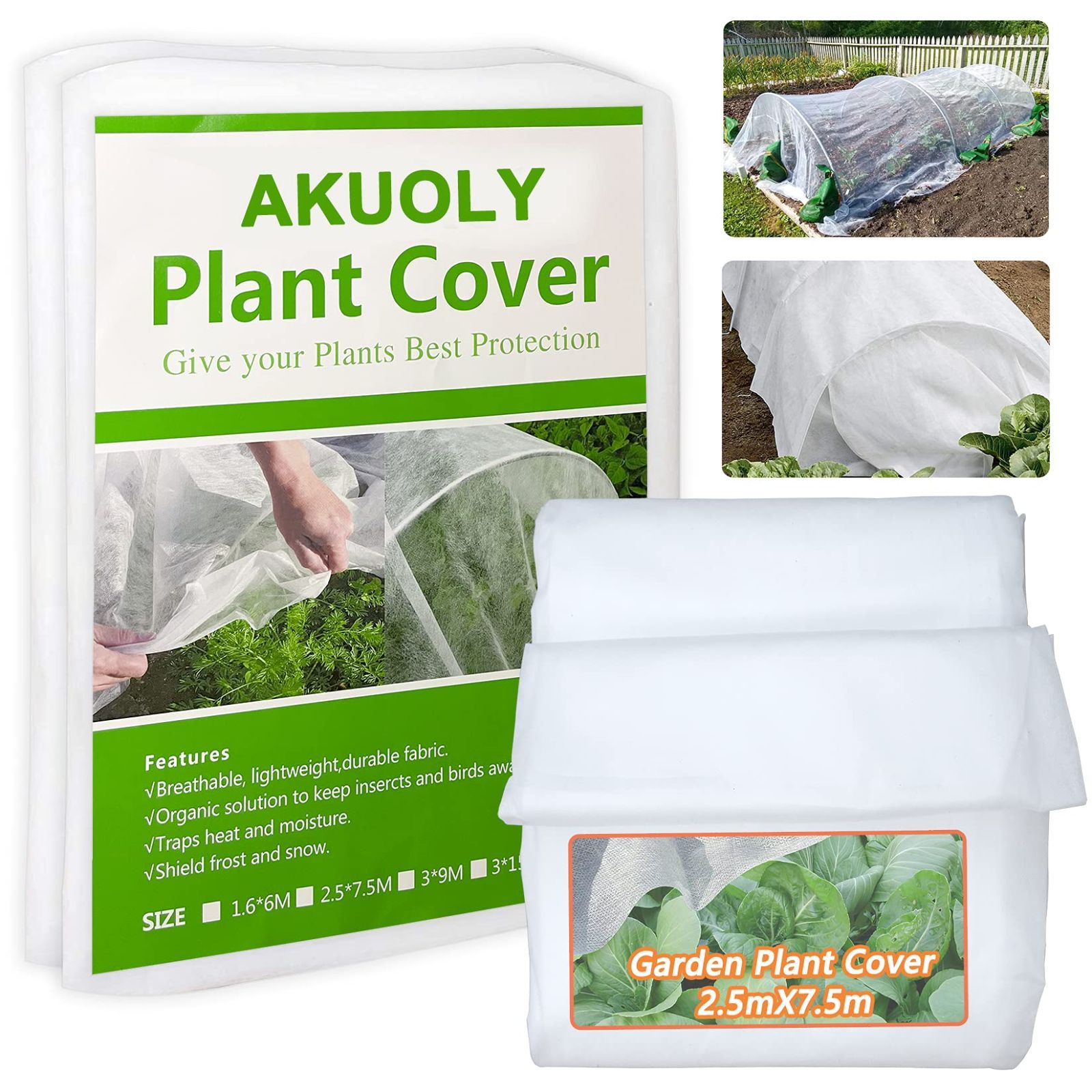 Akuoly 植物植苗防寒保護カバー 冬霜凍結防止 30g/m2 通気性不織布シート 2.5m×7.5m Plant Fleece 防風 野菜保護カバ ー、保温、白い