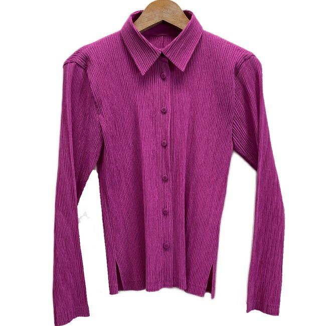 ISSEY MIYAKE ブラウス 長袖 シャツ ポリエステル 無地 レギュラーカラー プリーツ ストレッチ IF44FJ475 日本製 古着