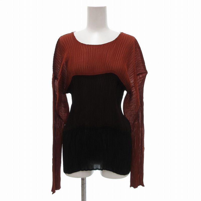 プリーツプリーズ PLEATS PLEASE ISSEI MIYAKE イッセイミヤケ カットソー 長袖 バイカラー M 茶 ブラウン 黒 ブラック im63-fj954 |JS GY18