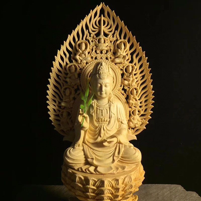 木製 仏像 蓮の花の台座付き 極上品 観音菩薩像 木彫仏像 台座付き 蓮の花 蓮花観音 精密細工