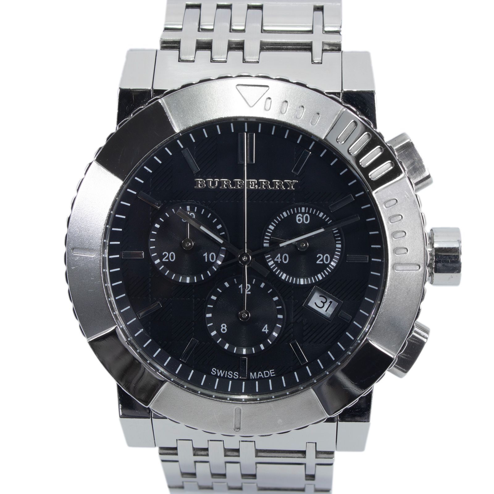 送料無料 バーバリー 腕時計 クォーツ メンズ BU2304 黒 ブラック シルバー クロノグラフ チェック ロゴ アナログ スモールセコンド スモセコ メタルブレスレット 大きい 大型 ブランド 輸入モデル 珍しい 人気 おしゃれ スイス製 X370