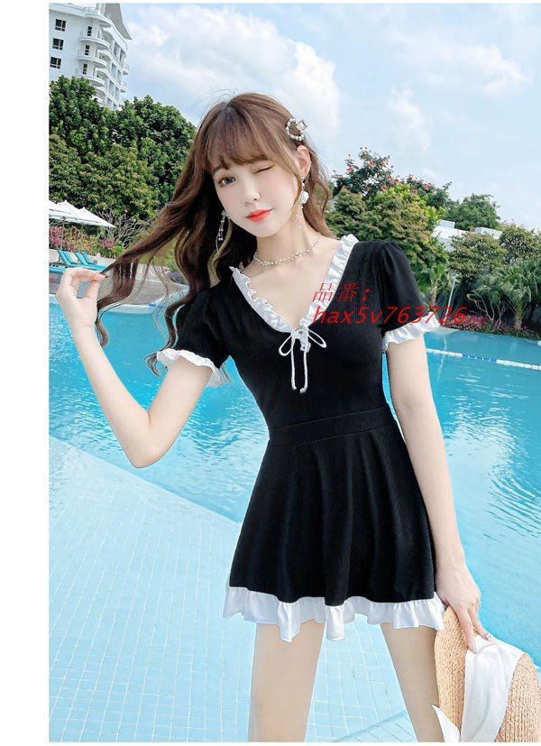 ワンピース水着 服みたいな 水着 2点セット リボン 半袖 フリル パッド付 レディース セクシー シンプル ワイヤーなし 服みたいな 着やせ hax5v763726