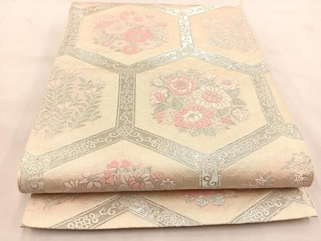 平和屋着物◎六通柄袋帯 唐織 やまとオリジナル 亀甲花文 銀糸