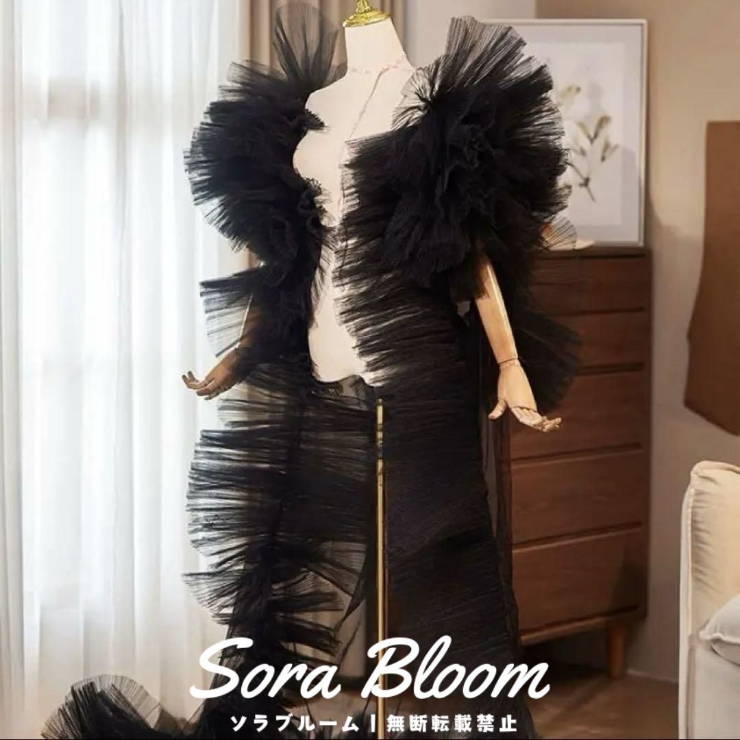 ♥ フリルスリーブのゴージャスなロングショール ブラック