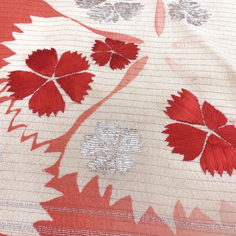 506an104◇アンティーク夏帯 名古屋帯 絽 撫子 刺繍 昭和レトロ 大正