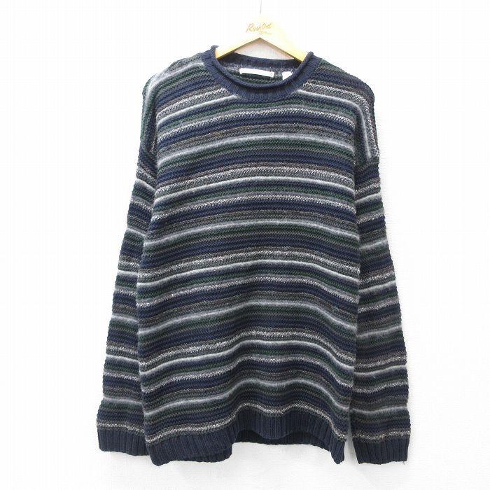M/古着 ペリーエリス 長袖 セーター メンズ 90s クルーネック 紺他