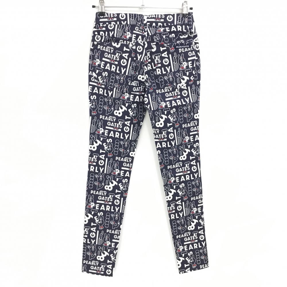 パーリーゲイツ パンツ ネイビー×白 ロゴ総柄 どうしちゃったPG レディース 0 S ゴルフウェア PEARLY GATES