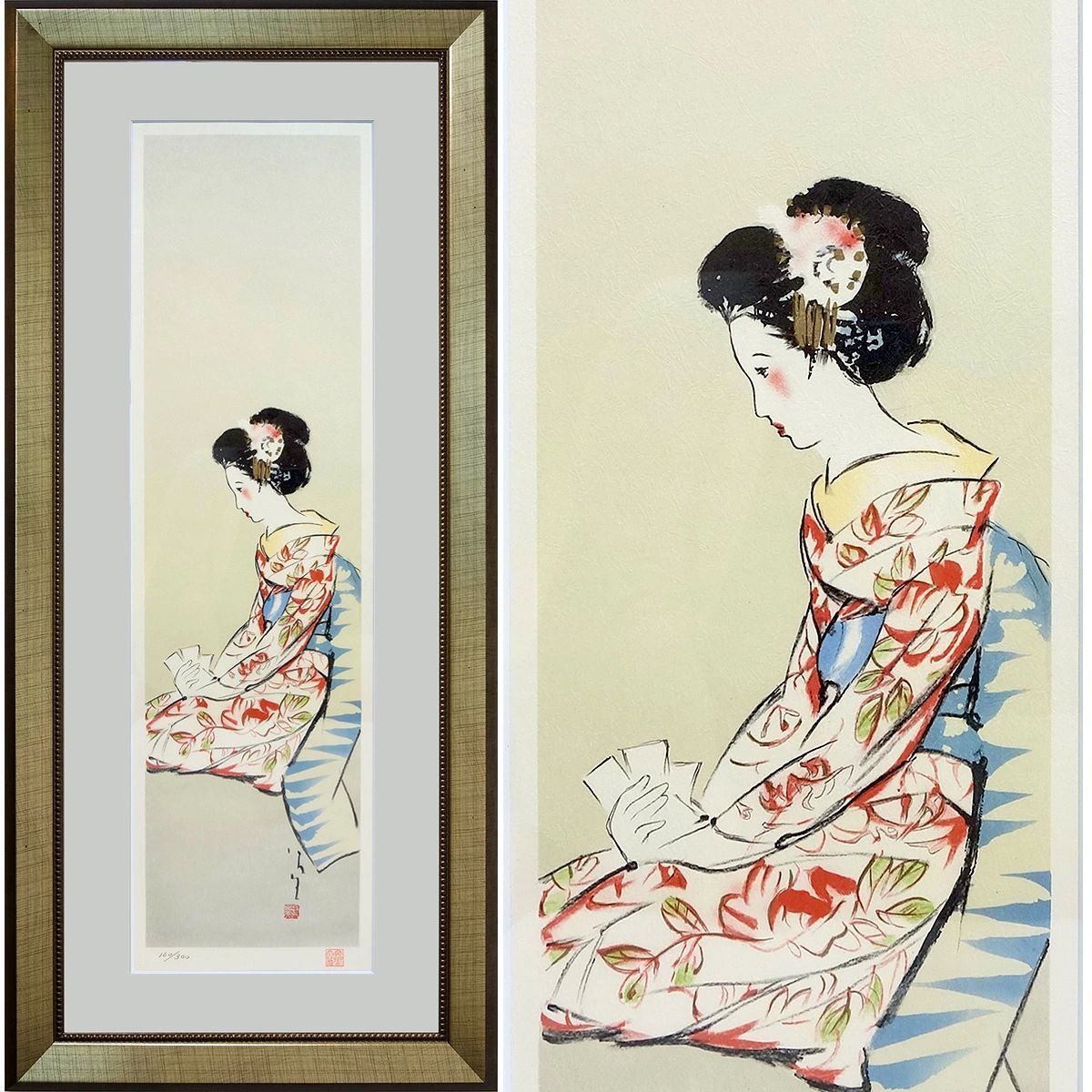版画 竹久夢二 歌留多 リトグラフ 複製版画 額付き たて長の絵 美人画 大正ロマン かるた 着物の女性 彦乃 たまき お葉 竹久 夢二 Yumeji YE385