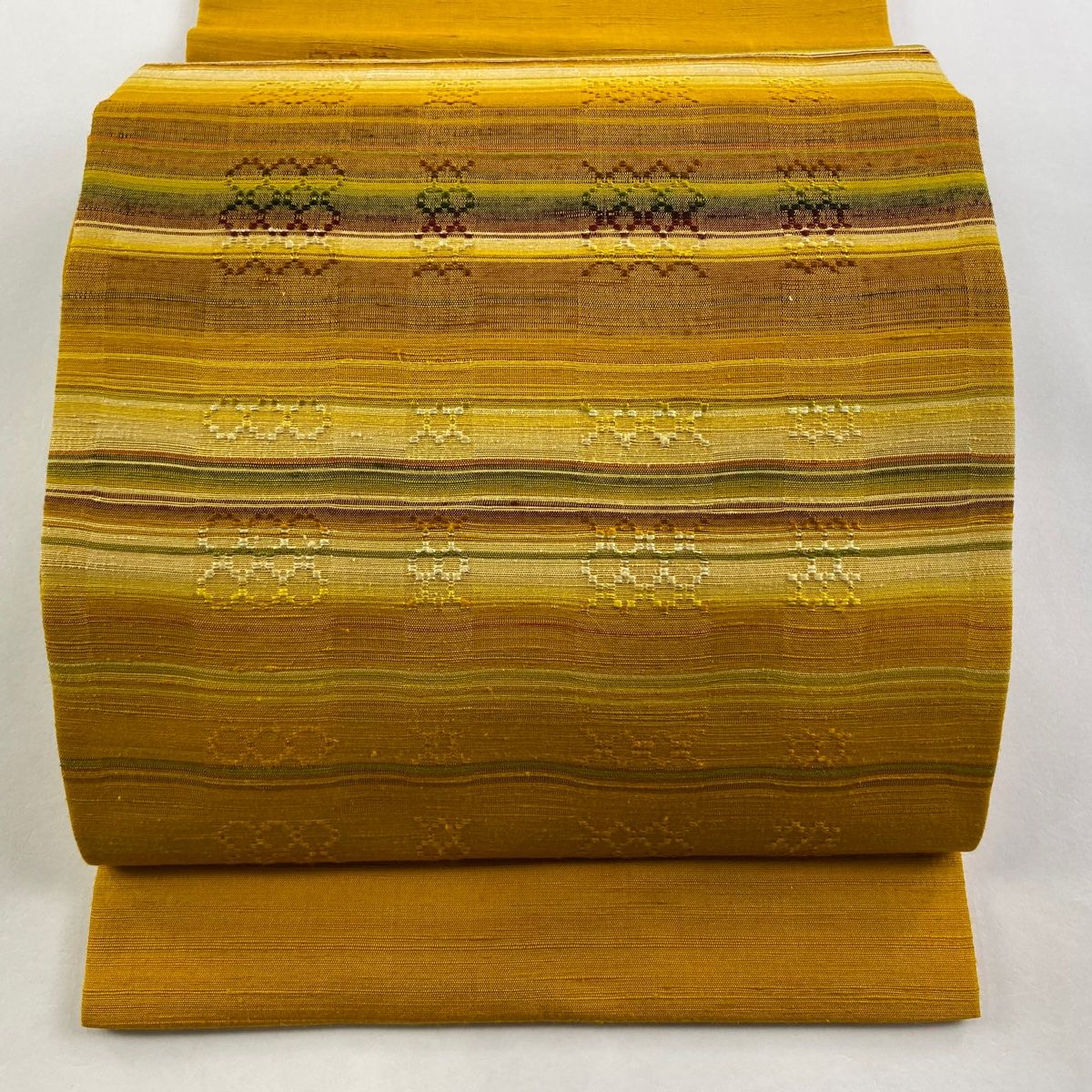 開き名古屋帯 名品 幾何学 横段 山吹色 正絹