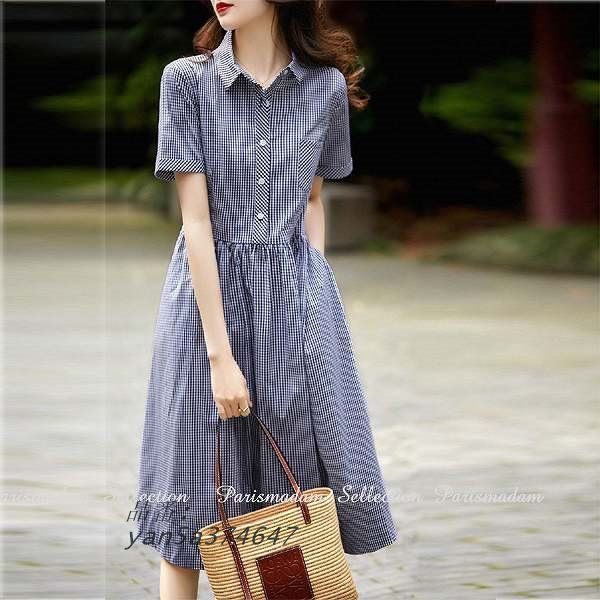 ギンガムチェックワンピース シャツワンピース ひざ下丈 半袖 千鳥格子 前開き お出かけ女子会20代30代40代50代60代 ギャザースカート yan5a374647