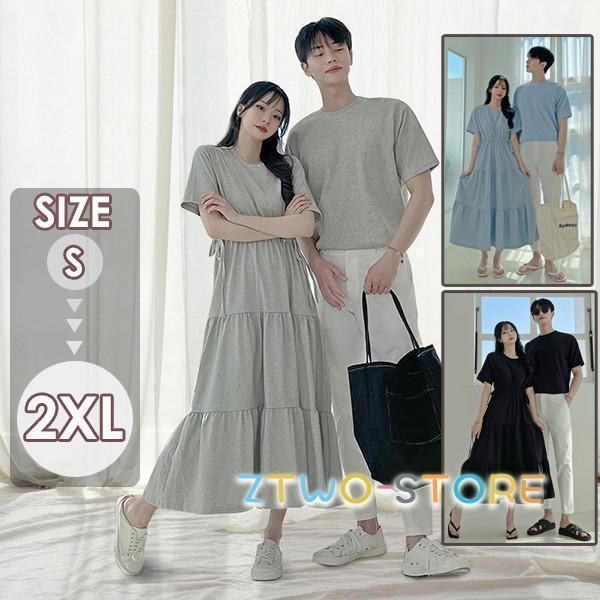 ペアルック Tシャツ カップル ワンピース ロング丈 お揃い 半袖 夏 ペア おでかけコーデ 新婚旅行 ペアＴシャツ 着痩せ