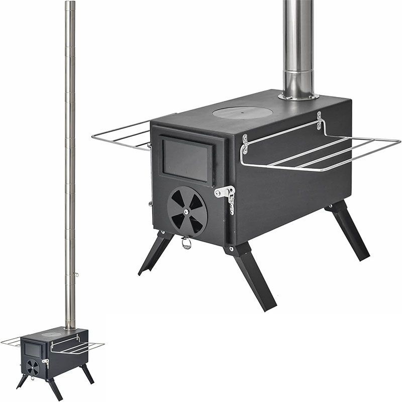 * * 薪 ストーブ アウトドア 調理器具 暖炉 キャンプ 折りたたみ 煙突付き 耐熱ガラス窓付き 組立式 屋外 焚き火台 BBQ コンロ ブラック|鉄製