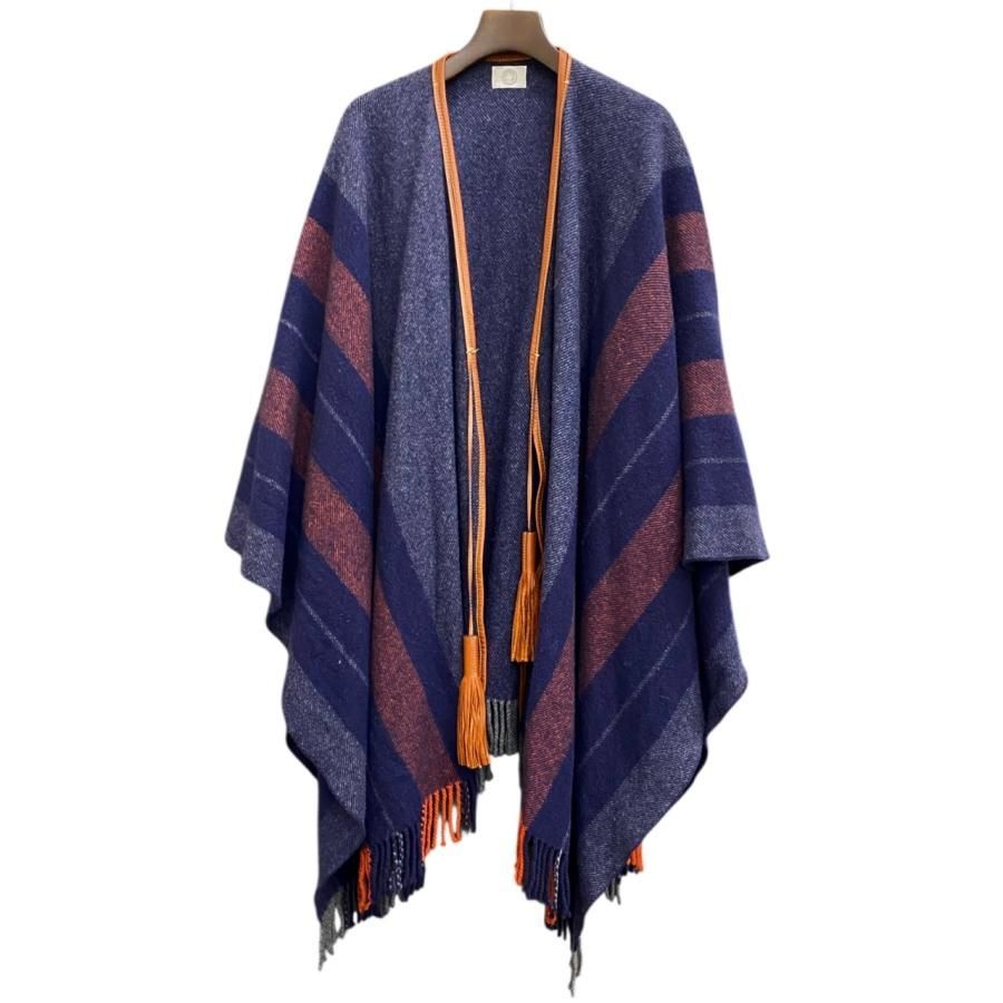 E4699 エルメス ポンチョ ハイランド フリンジ ウール カシミヤ カーフレザー ネイビー オレンジ ブラウン HERMES