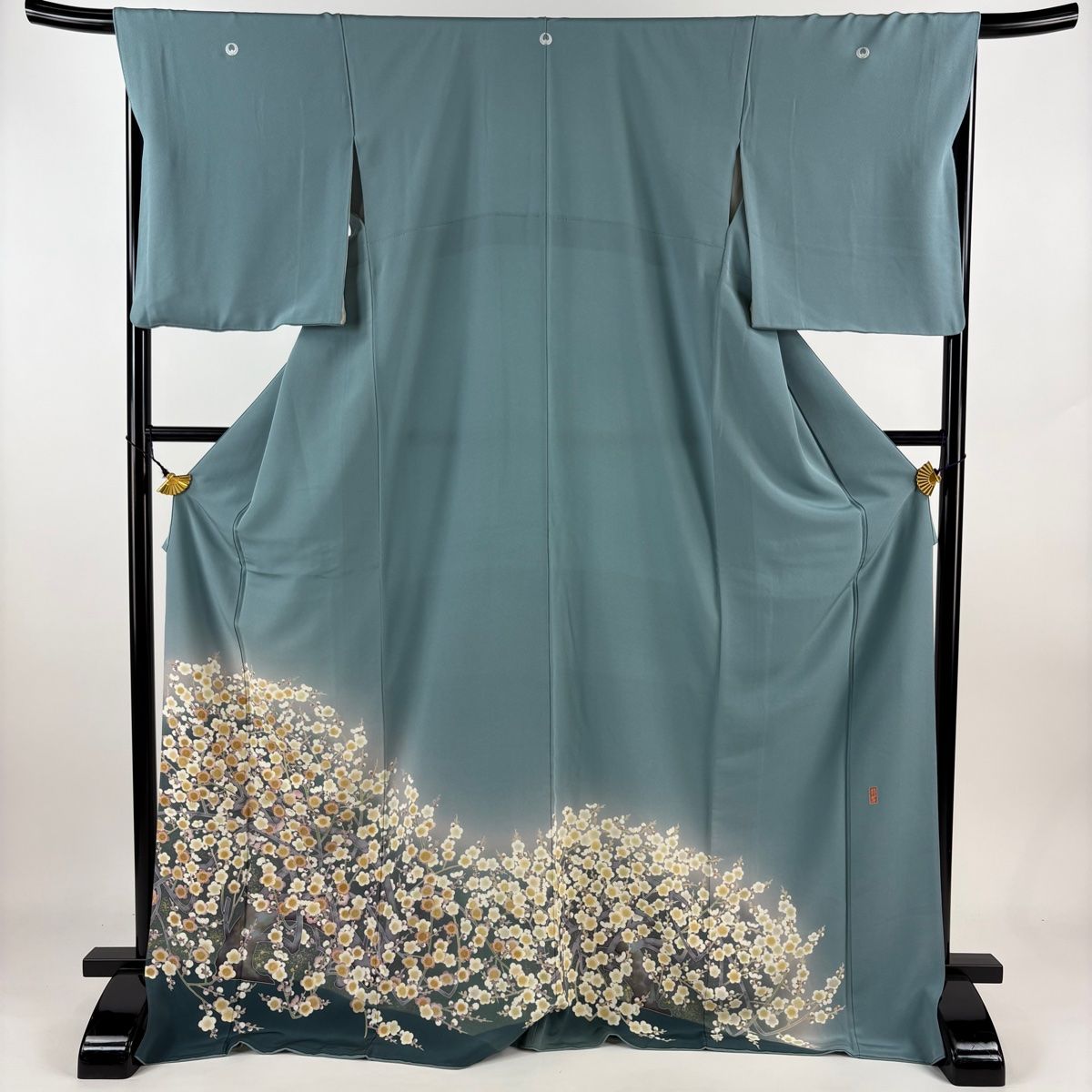 色留袖 身丈173.5cm 裄丈68cm L 袷 落款 枝梅 金彩 ぼかし 青