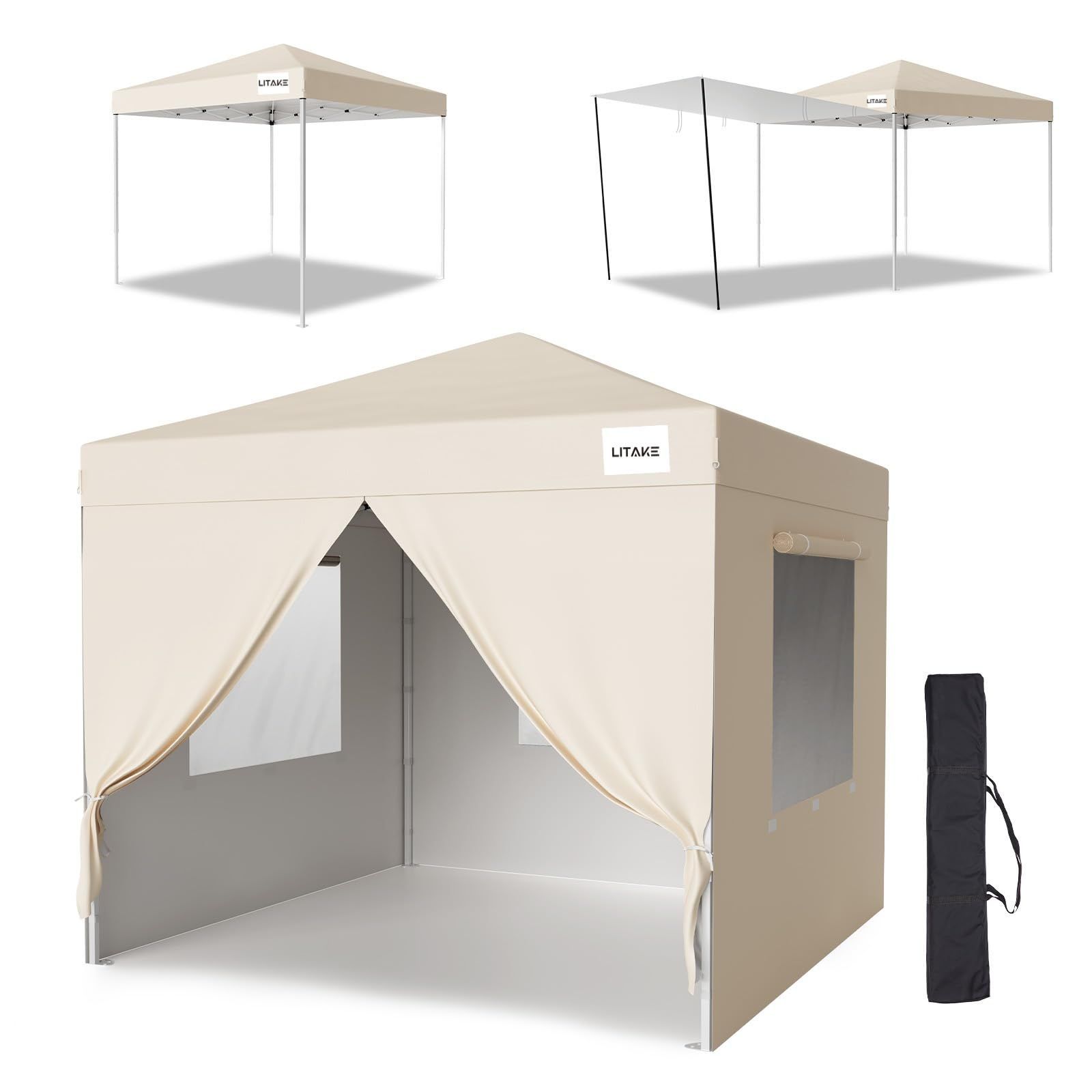 Litake ワンタッチタープテント 3mx3m アップグレード 3段階調節 キャノピーポール付き UVカット 日よけ 高耐水 組立簡単 天幕|サイドシート4枚付 キャンプ テント アウトドア ベージュ