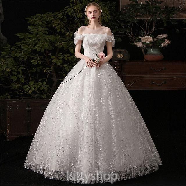 ウェディングドレス オフショルダー ホワイトドレス ボートネック リボン オシャレ ロングドレス 結婚式 二次会 ブライダルドレス 白 Aライ