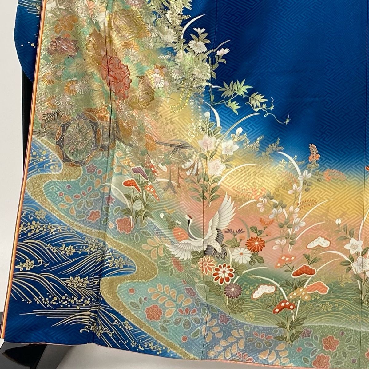 振袖 身丈164.5cm 裄丈67.5cm L 袷 桂由美 落款 花車 流水 金彩