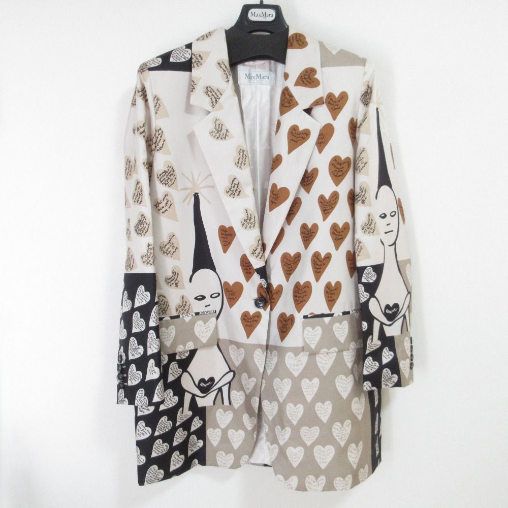 Max Mara マックスマーラ ハートプリント シルク テーラードジャケット 44サイズ ベージュ レディース 古着