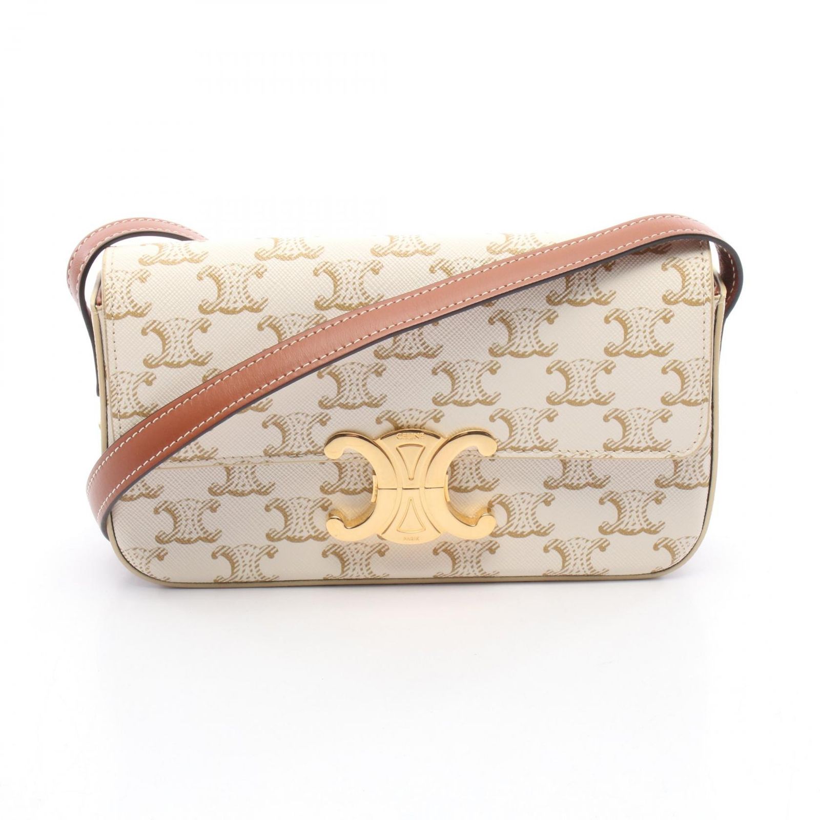 セリーヌ CELINE ショルダーバッグ クロード トリオンフ 194142 ホワイト|ブラウン PVCコーティングキャンバス レザー トリオンフ ショルダーバッグ レディース Used A