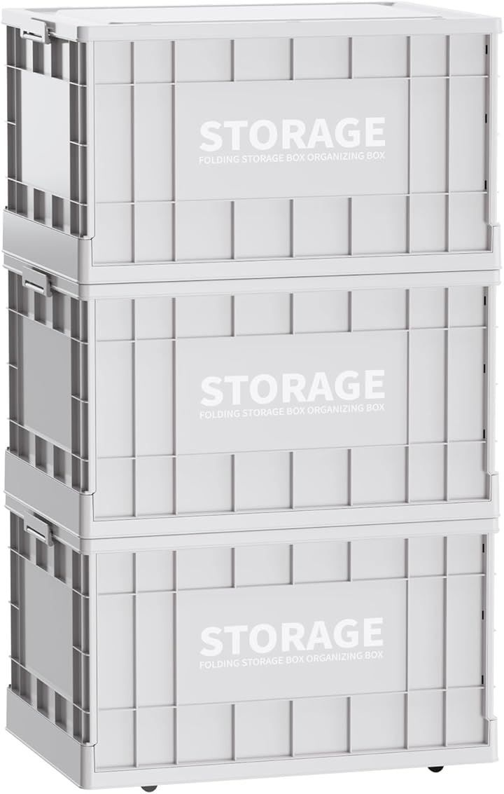 Mozawa 収納ボックス 折りたたみ式 大容量 コンテナボックス 蓋付き キャスター付き おしゃれ プラスチックケース クローゼット 押入れ 衣類 おもちゃ 布団 書類 漫画収納 アウトドア 3個セット ライトグレー Medium