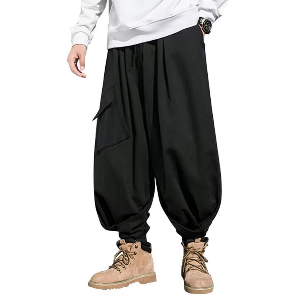 ストライプ おしゃれ 大きいサイズ 麻 綿 ゴム紐付き ゆったり ロングズボン スウェット 裾リブ 秋服 ワイドパンツ メンズ オールシーズン サルエルパンツ [KOGARASI]