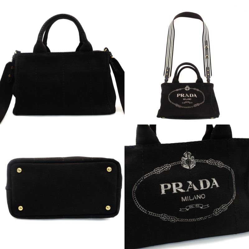 プラダ PRADA カナパ ミニ ハンドバッグ キャンバス ブラック 2way 黒 ストライプ クロスボディ ロゴ 7-9-345 DECORATOM_COM_BR