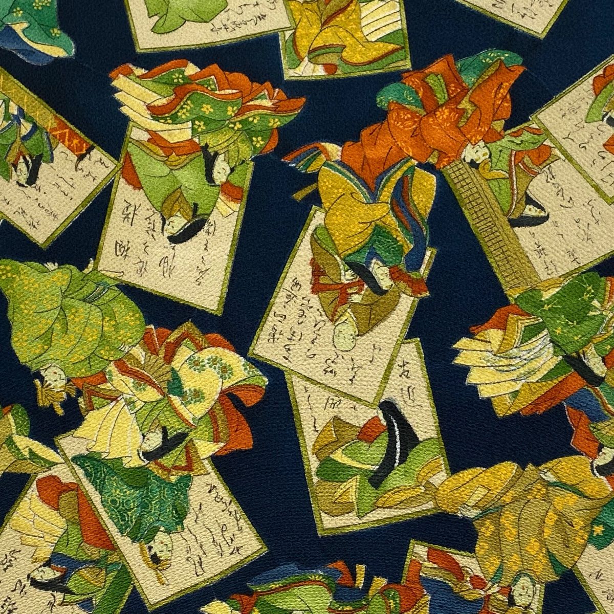 反物 秀品 小紋 落款有 かるた 縮緬 青黒 正絹