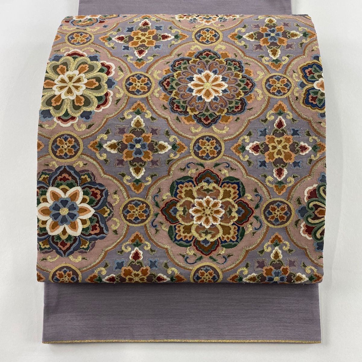 袋帯 華文 草花 金銀糸 灰紫 お太鼓柄 正絹