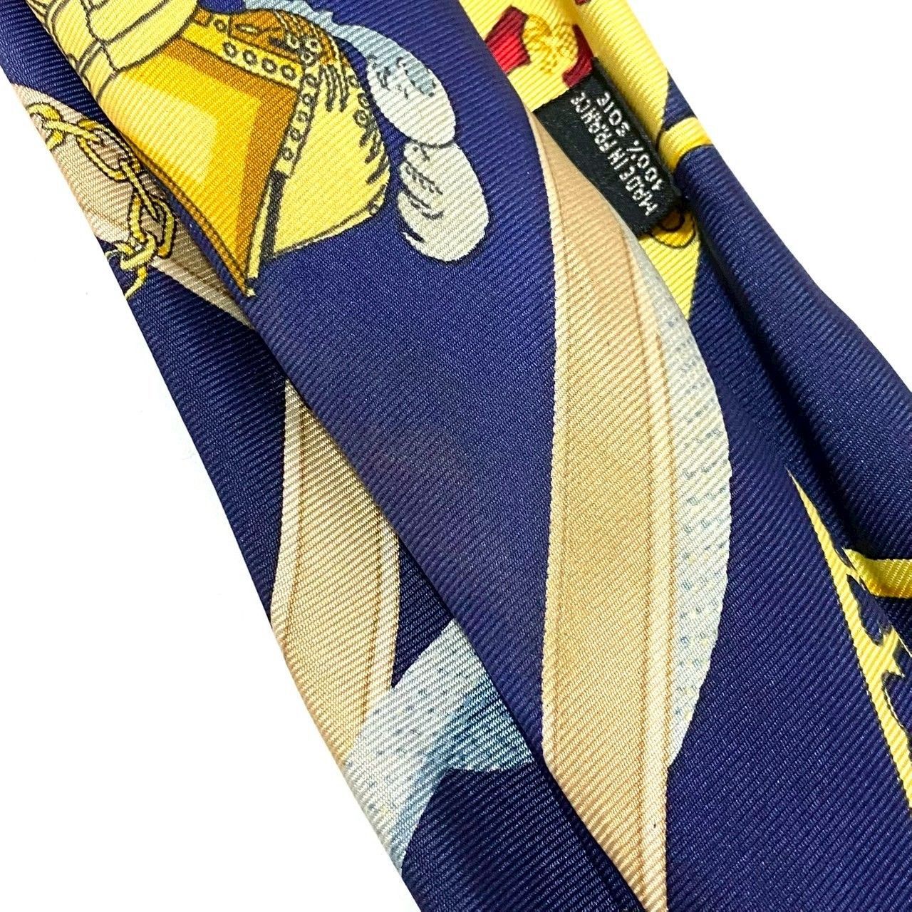 SJ3【HERMES】ネクタイ SILK/シルク 100% スカーフ柄 総柄 ネイビー