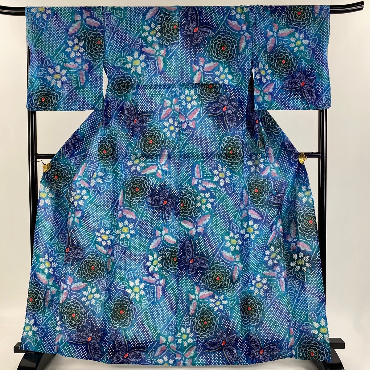 美品 浴衣 有松絞り バチ衿 紺色 よろけ縞 葉 身丈157cm 裄丈63cm 美品