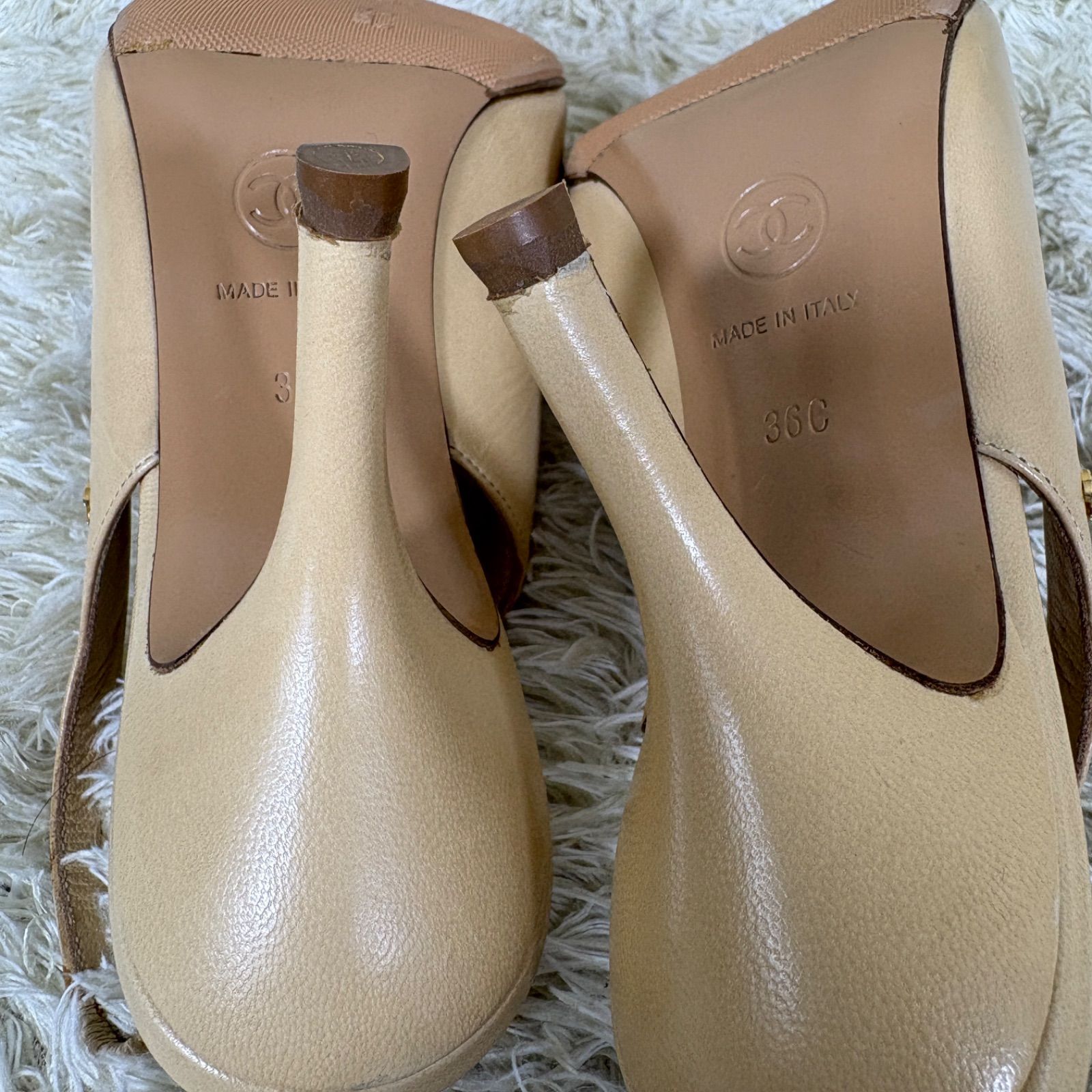 シャネル サンダル ミュール ヒール ココマーク レザー ベージュ 36