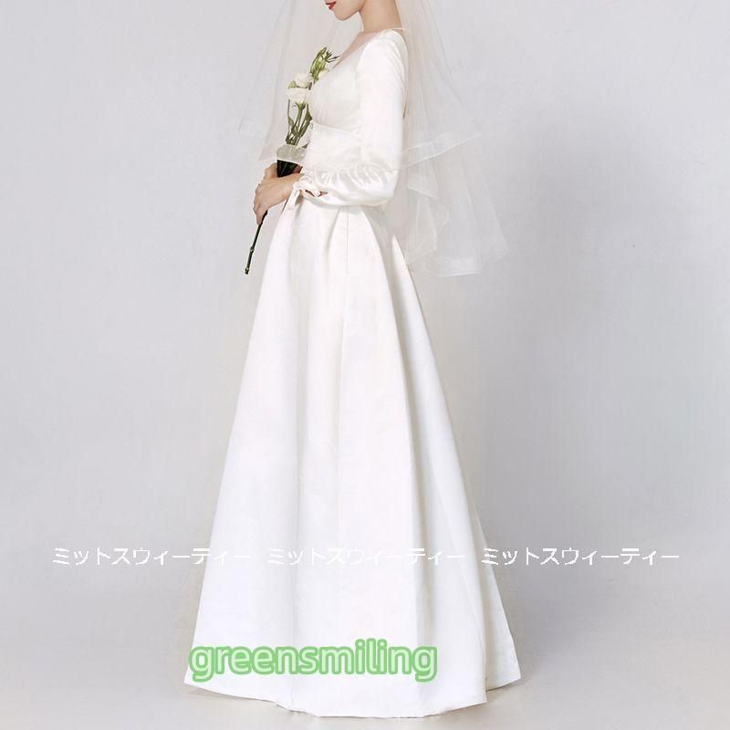 ウェディングドレス ロングドレス 結婚式 ウエディングドレス 長袖 Aラインドレス 二次会 花嫁 前撮り エレガント サテン ホワイト シンプル リゾート 披露宴CYB133 登場