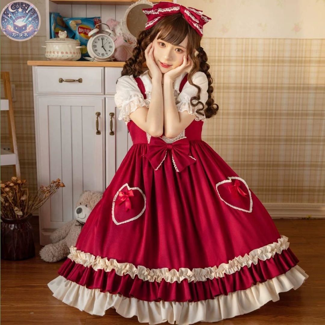 ロリータ 赤ハートポケットJSK♪ベージュ×リボン