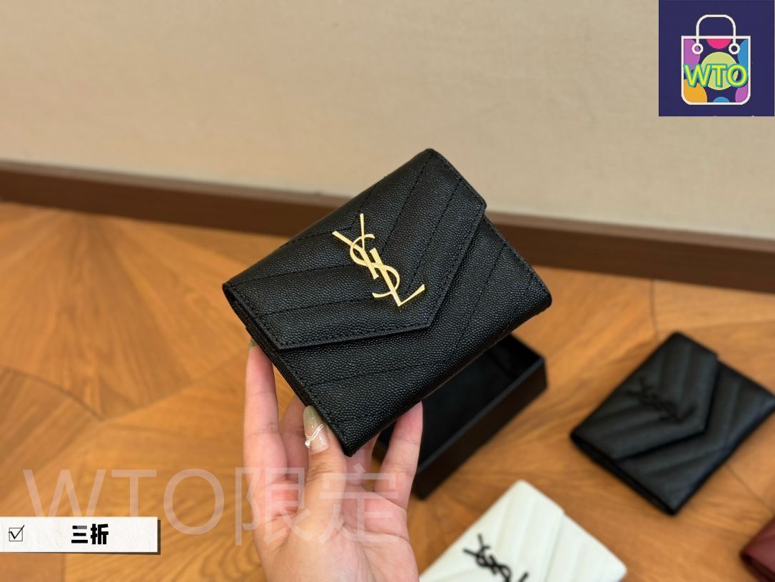 イヴ?サンローラン キャビアレザー ミディアムウォレット 13×10cm フルレザー ボックス付き | ♥品