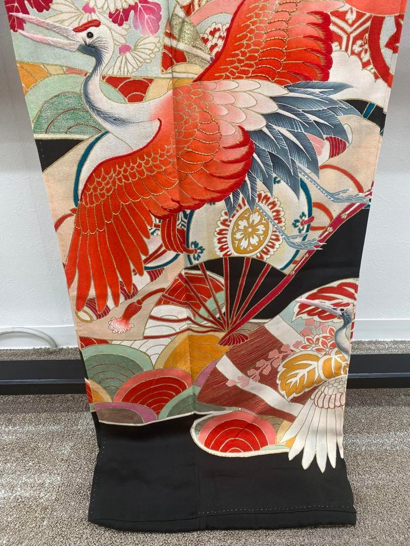 アンティーク 振袖 金駒 金彩 銀彩 刺繍 鶴 正絹 身丈167cm 紋付