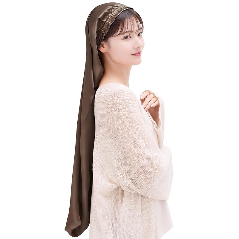 [COCOSILK] シルク ナイトキャップ ロングヘア用 シルクキャップ 筒型 ナイトキャップ ロング 髪 シルク100% 筒 ロングヘア 筒状 ヘアキャップ (90cm， Free Size， ブラウン)