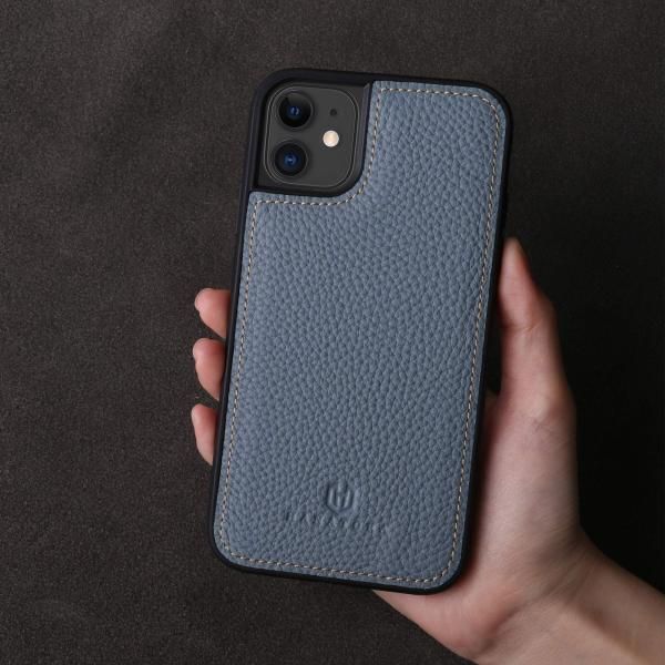[HANATORA] iPhone11 本革ケース シュリンクカーフレザー スマホケース 青 灰 ブルーグレー アイシーブルー
