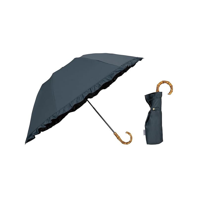 Wpc. 最強の日傘 UVO(ウーボ)折りたたみ傘／3段 フリル ブルーグレー 《遮光率＆UVカット率100%/UPF50＋/遮熱/晴雨兼用》 親骨55cm レディース バンブー おしゃれ 可愛い 女性 UVO3F-017