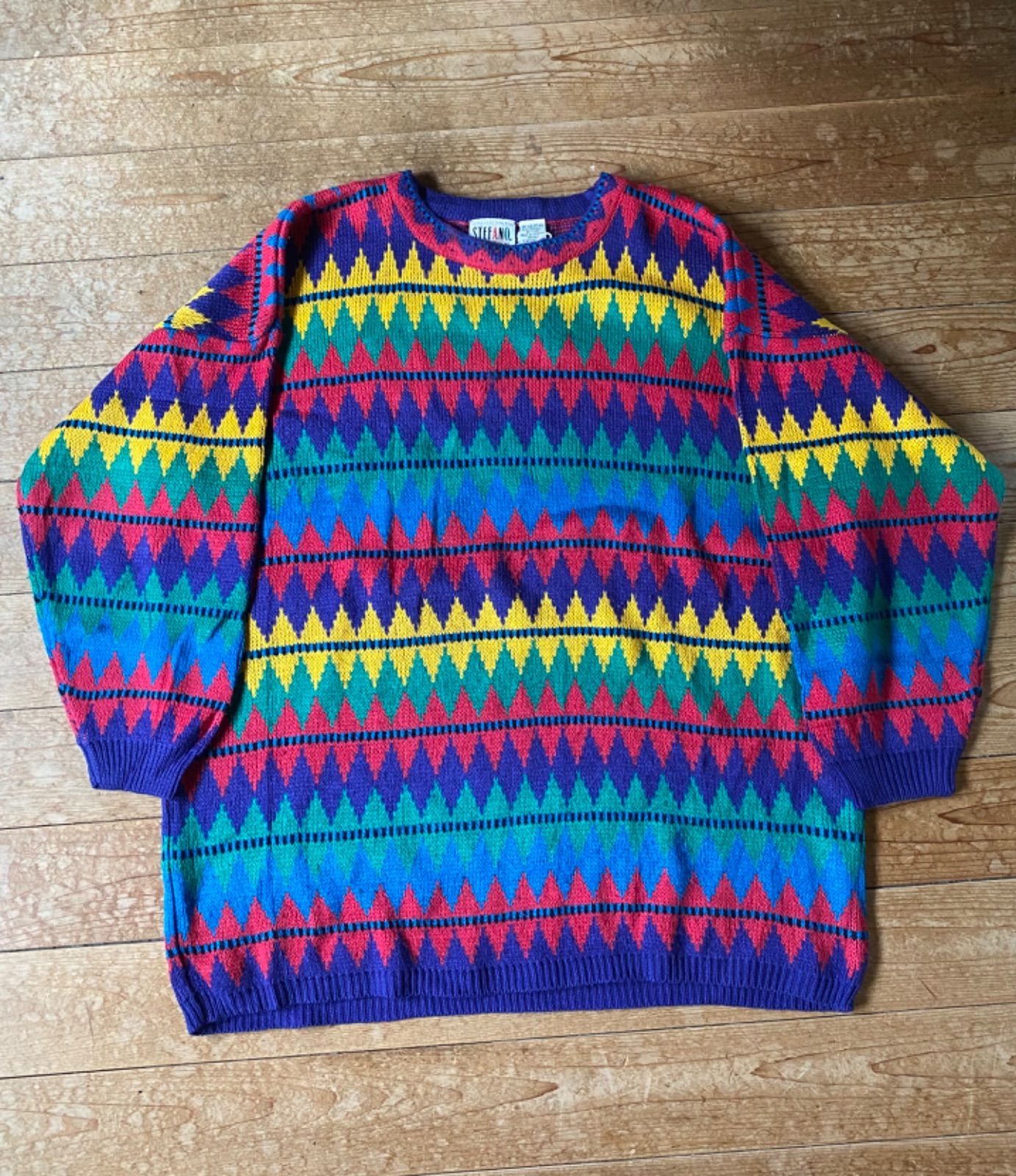 early 90's  all over pattern long length Knit  USA古着総柄ニットカラフルボーダーセーター