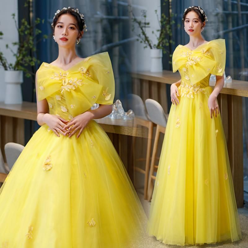 ドレス Aラインドレス ロングドレス イエロー キャミソール 袖なし 黄色 ウェディングドレス 結婚式 二次会 花嫁 前撮り 演奏会 発表会 ステージ衣装
