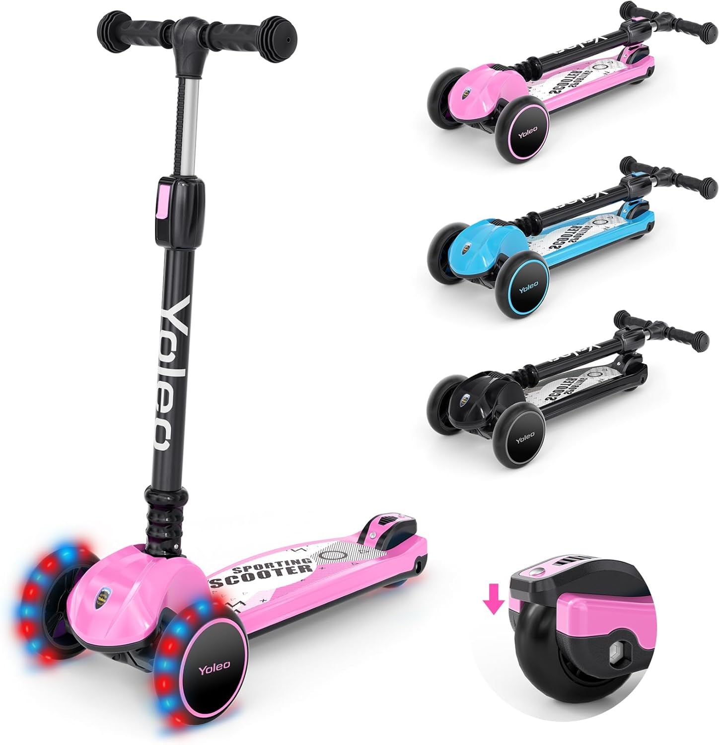 【無段階高さ調節ｘ軽量で頑丈】YOLEO キックスクーター 折り畳み キックボード子供 三輪車 光るLEDタイヤ 後輪ブレーキ 3輪タイプ 方向転換 キックスケーター 誕生日プレゼント 完成品 コン