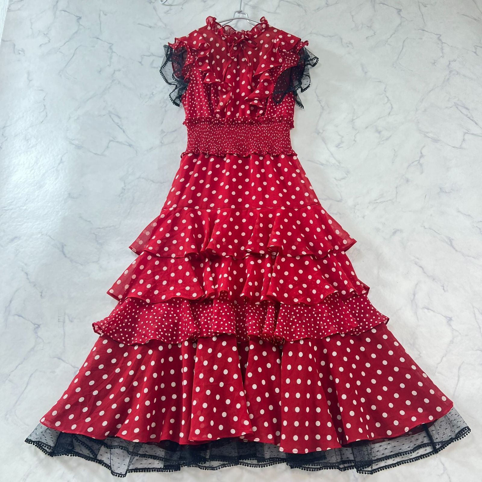 極美品 エルケイ 総柄 ドット柄 水玉 ロングワンピース フリル レース