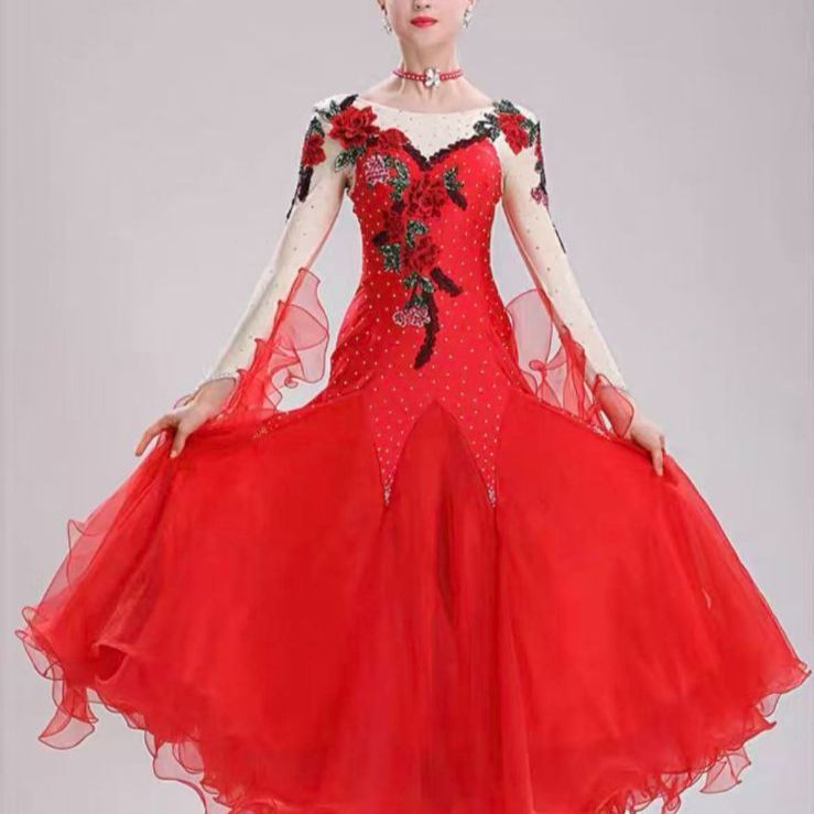 赤 リーズナブル 社交ダンスドレス モダンドレス スタンダード パーティ―ドレス