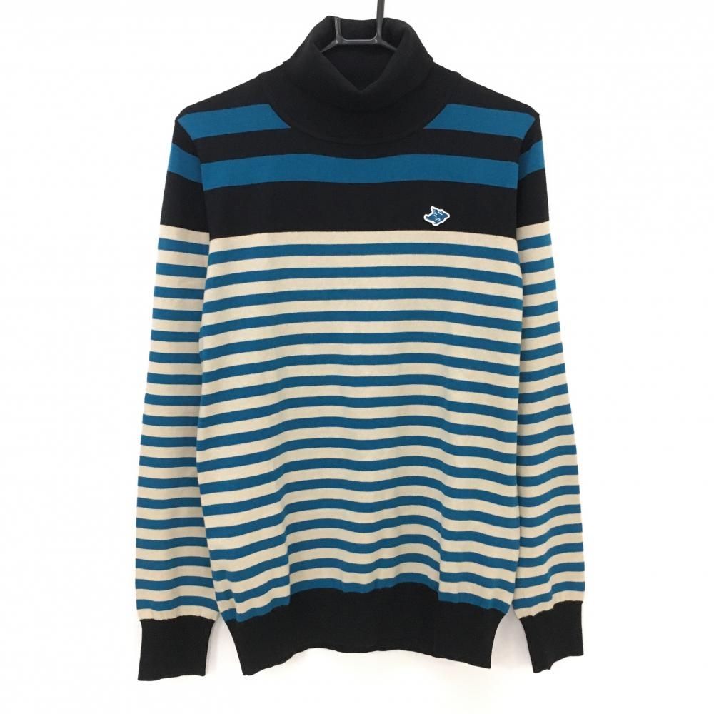 超 パーリーゲイツ タートルネックセーター ベージュ×ブルー ボーダー コットン混 メンズ 5 L ゴルフウェア PEARLY GATES