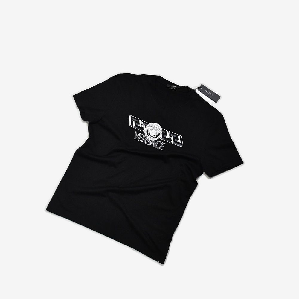 VERSACE ロゴブラックコットンクルーネック半袖Tシャツ VERSACE ヴェルサーチェ Tシャツ メンズ 半袖 クルーネック