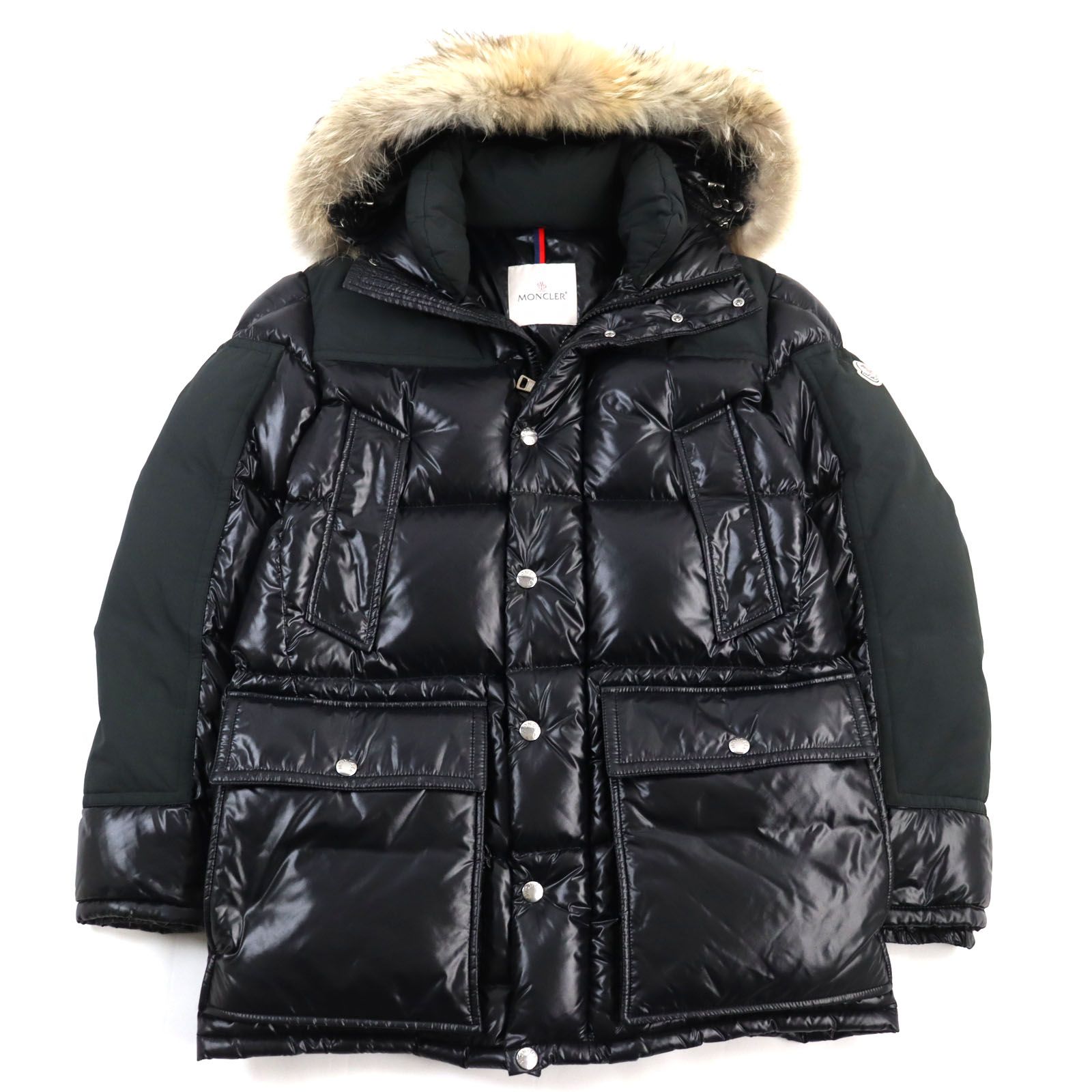 美品○MONCLER モンクレール 18-19AW D20914182325 68950 FREY GIUBBOTTO フレイ ロゴワッペン付き  異素材切替 コヨーテファー フーデッド ダブルジップ ダウンジャケット ブラック 1 正規品 メンズ - メルカリ