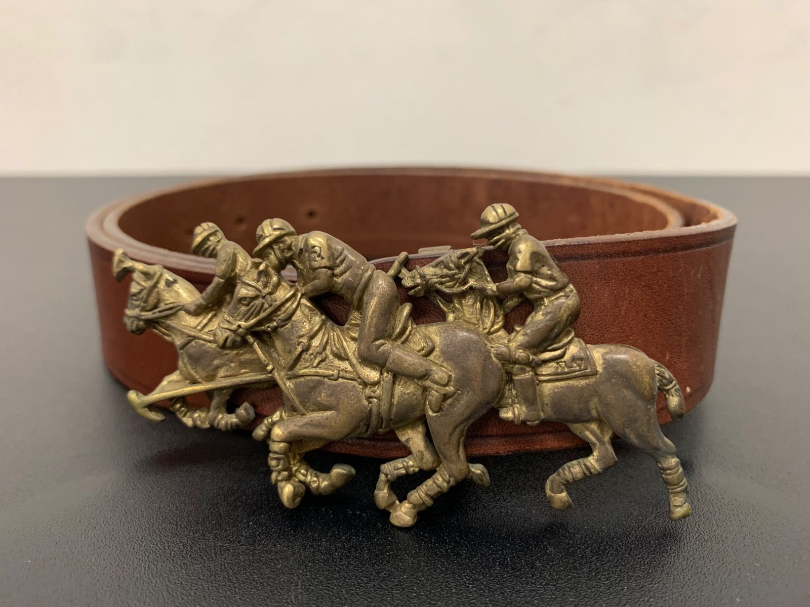 Ralph Lauren ポロ競技モチーフ 真鍮バックル レザーベルト ブラウン ヴィンテージ