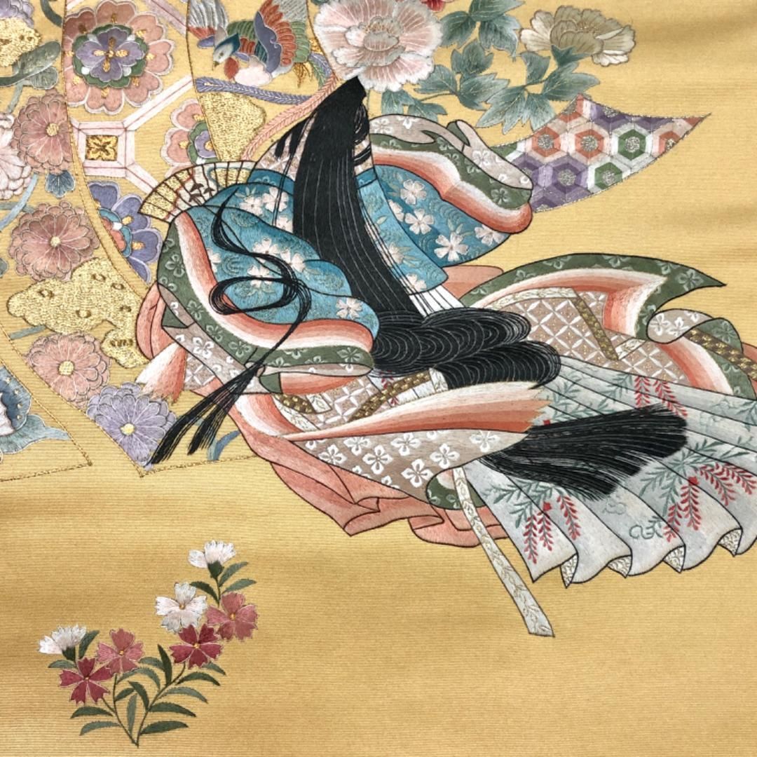 袋帯 総刺繍 衣桁に十二単の女性 花模様 鳥 金銀糸 密陀僧色 O-5161  
