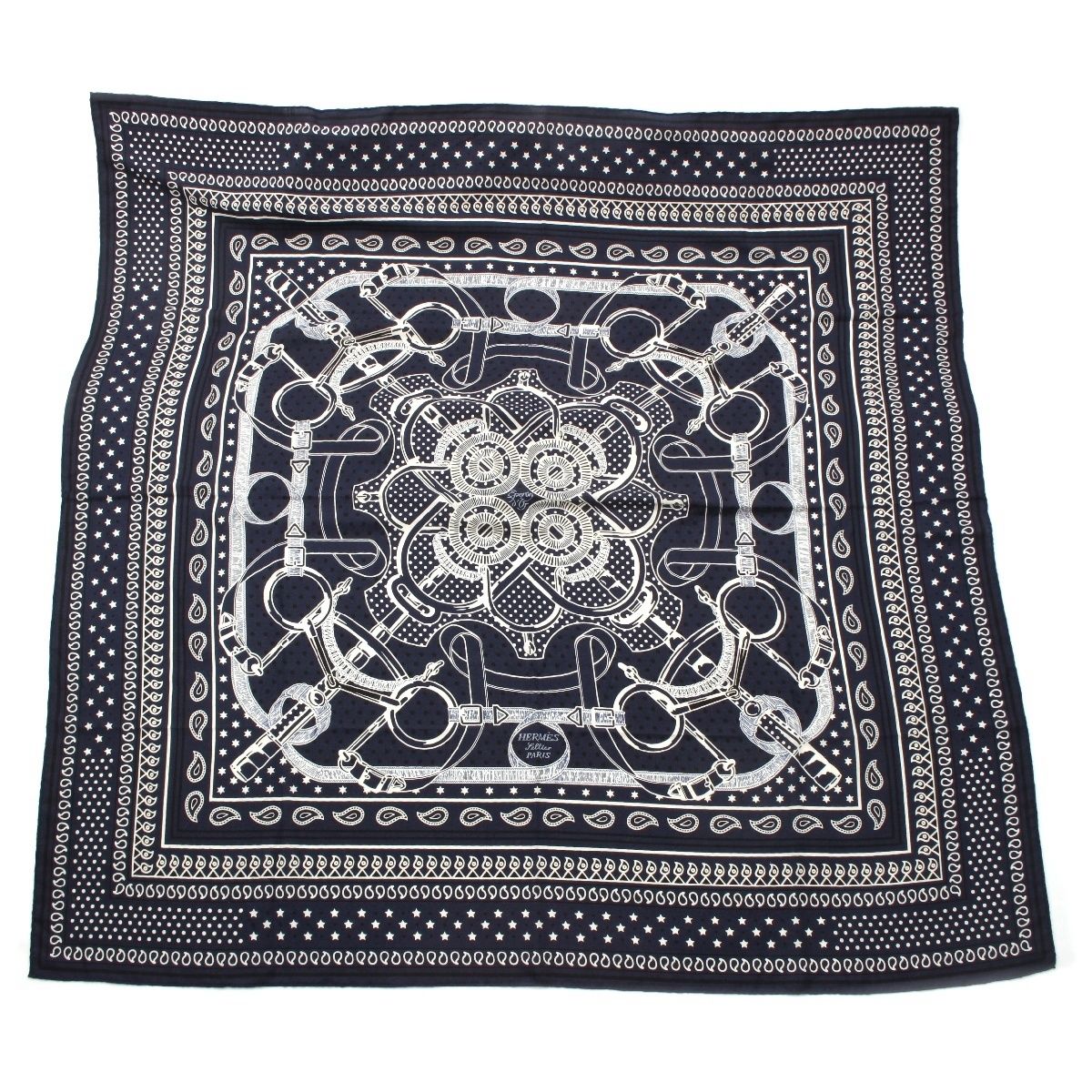 エルメス カレジェアン140 Grand Manege Bandana グランマネージュバンダナ カシミヤ シルク スカーフ ストール ネイビー
